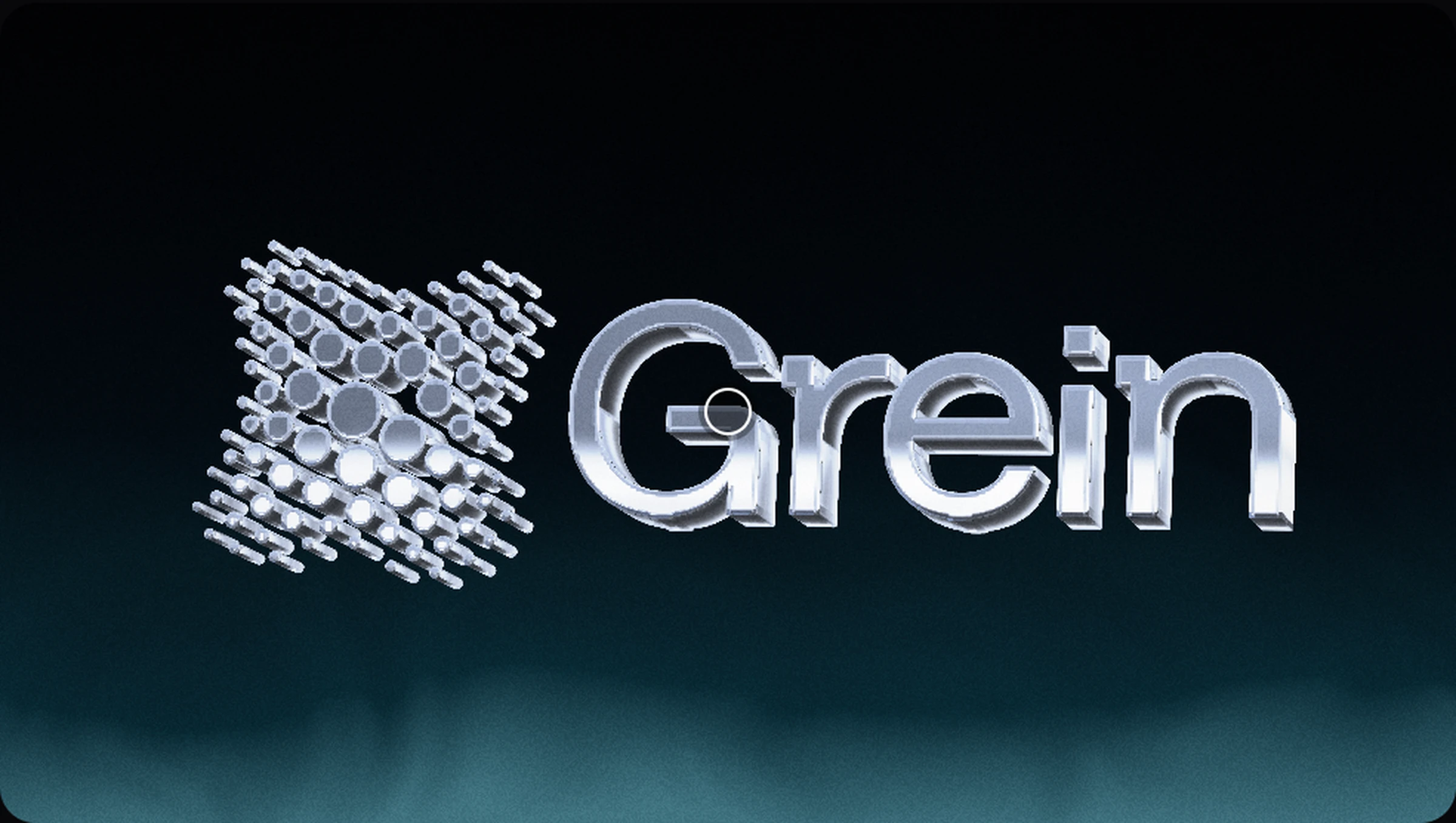 The Grein wordmark as a chrome object, rendered by the editor